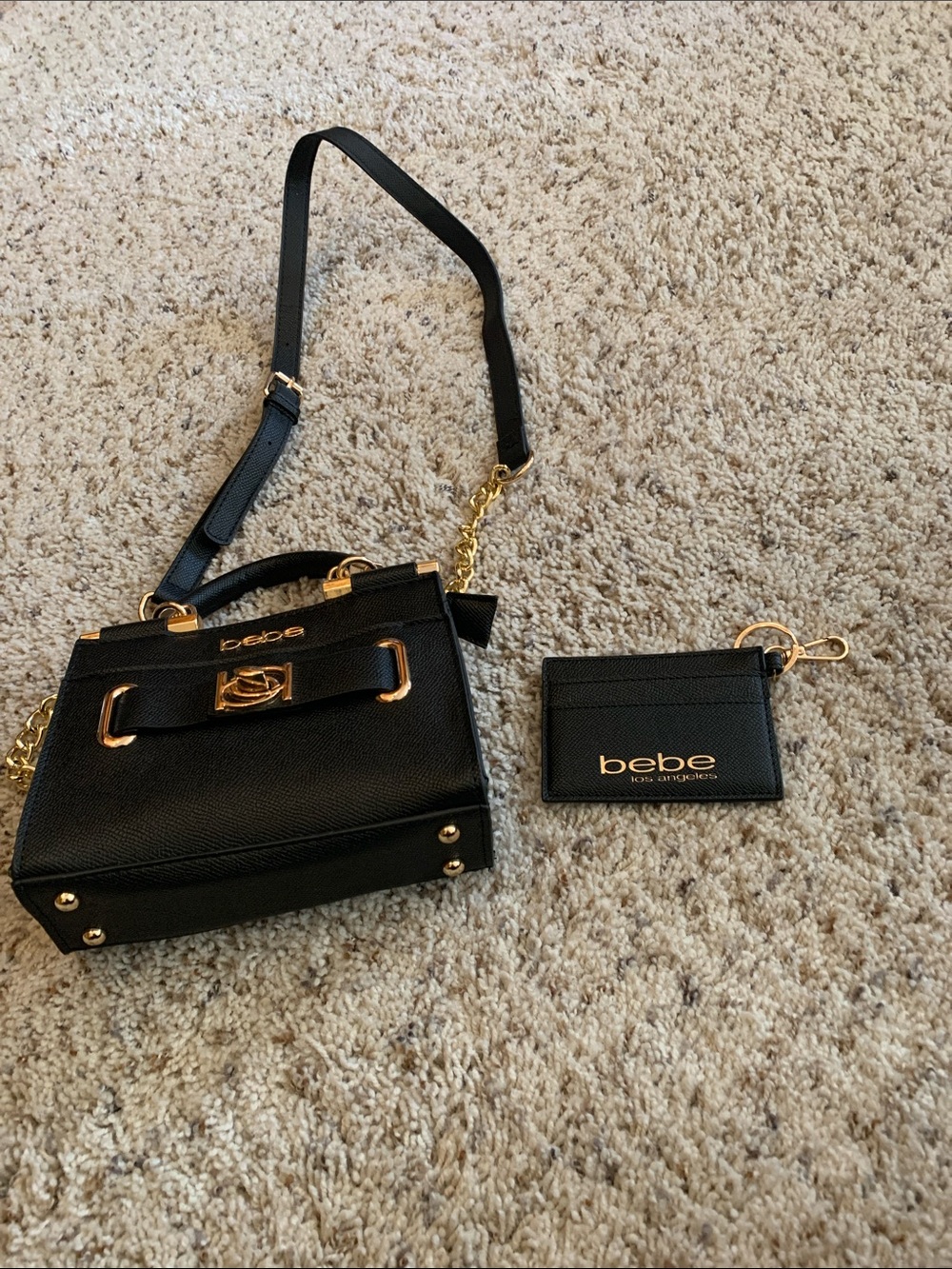 bebe Black Pebbled Leather Mini Crossbody with Gold Hardware and Card Holder